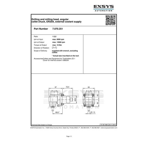 EPPINGER BMT, Biglia 501Y, Drilling and milling head, angular collet chuck, ER20A 7.070.251